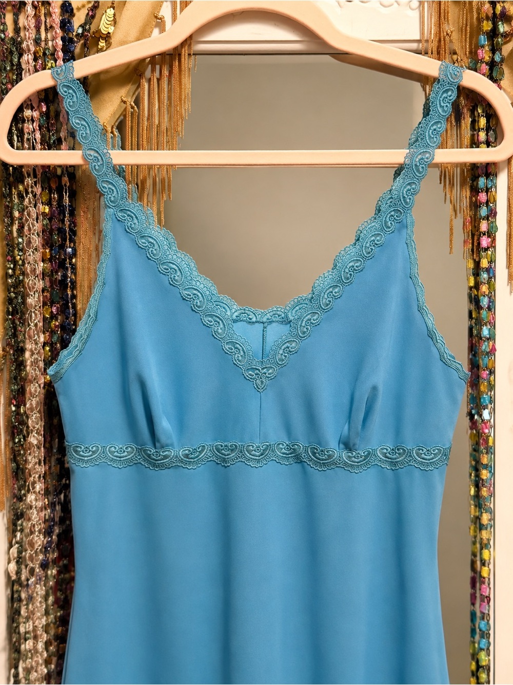 Vintage Turquoise Blue Lace Trim Slip Nightgown - Picture 3 of 5